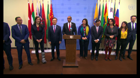Robert Wood, alternative permanent representative of the United States to the UN, center, speaks with the press with nine other members of the council, including South Korean Ambassador to the UN Hwang Joon-kook, left from center, to condemn North Korea's recent intercontinental ballistic missile launch after the council meeting in New York on Tuesday. [SCREEN CAPTURE OF UN WEB TV]