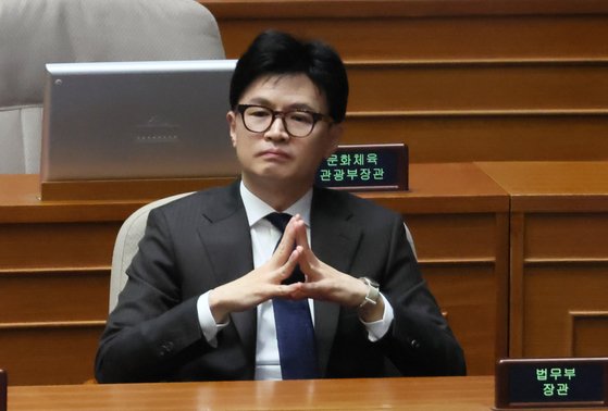 Justice Minister Han Dong-hoon at the National Assembly on Wednesday. [YONHAP]