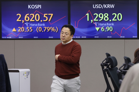 Screens in Hana Bank's trading room in central Seoul show stock and foreign exchange markets open on Friday. [YONHAP]