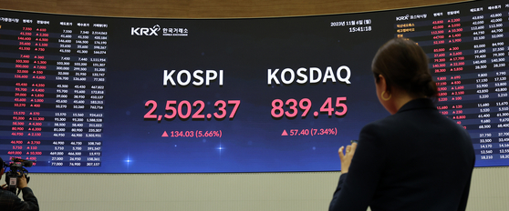 Electronic display boards at the Korea Exchange in wetsern Seoul show Kospi and Kosdaq on Nov. 6, the first day after the financial regulators reinstated the ban on short selling of stocks. [NEWS1]