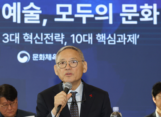 Culture Minister Yu In-chon speaks the ministry's key strategies for 2024 on Thursday at the Modu Art Theater in Seodaemun District, western Seoul. [YONHAP] 