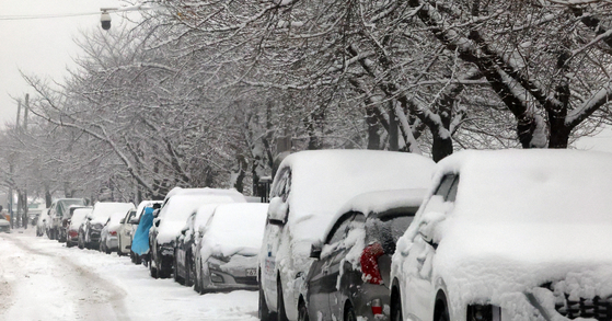 Snow covers cars parked near an apartment complex in Chuncheon, Gangwon, on Saturday. [YONHAP] 