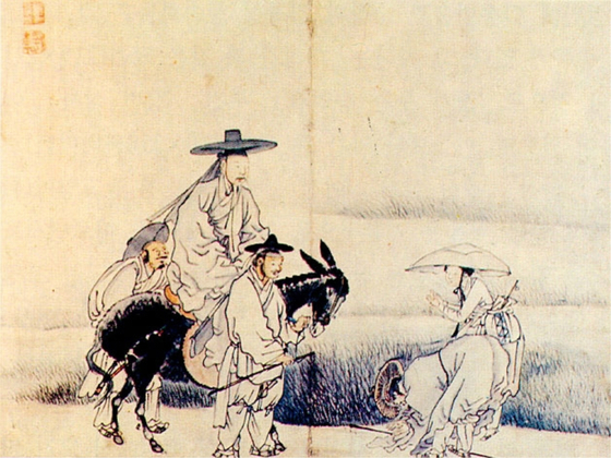 "Commoners Bowing to Yangban (Nobles)" by the late Joseon Dynasty artist Kim Deuk-sin (1754-1822). This painting symbolically captures the social hierarchy of the Joseon era, portraying the encounter between a noble and commoners, who, as depicted, were required to bow when meeting the ruling class. [KOREAN ART MUSEUM]