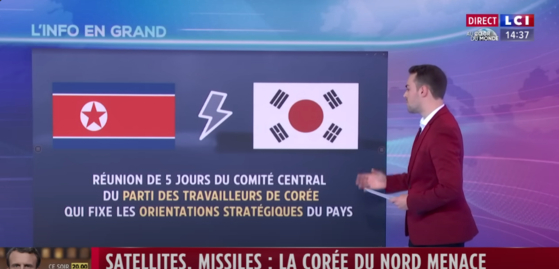 French broadcaster LCI uses the wrong South Korean flag with a red circle in the middle, which resembles the Japanese national flag, to introduce South Korea on Sunday. [SCREEN CAPTURE]