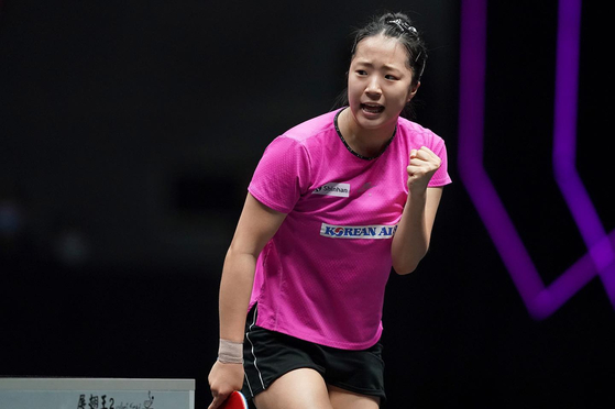 Shin Yu-bin in action during a World Table Tennis (WTT) Champions Xinxiang 2023 match against Ying Han in Xinxiang, China in a photo shared on the WTT's official Facebook page on Wednesday. [SCREEN CAPTURE] 