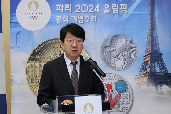 Secretary General of the Korea Sport & Olympic Committee Yoon Sung-wook speaks during a press conference at the Embassy of France in Seodaemun District, western Seoul on Wednesday. [YONHAP]