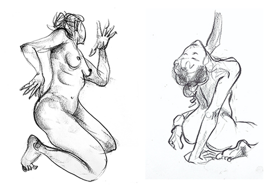 Artworks made at Lee Jeong-gwon's nude croquis club, left by Lee and right by webtoon artist Won Seong-deok [LEE JEONG-GWON, WON SEONG-DEOK] 