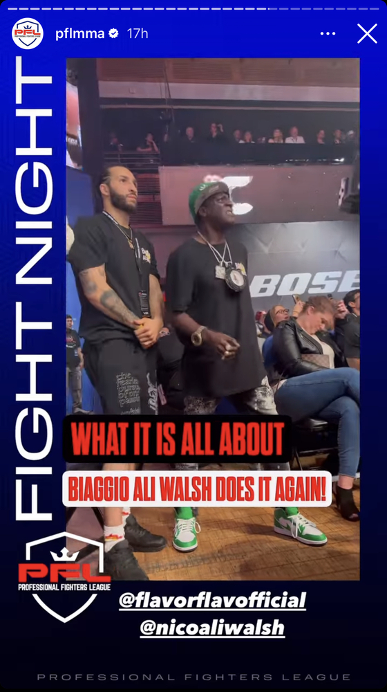 Nico Ali Walsh, left, and Flavor Flav celebrate while watching Biaggio Ali Walsh fight Isaiah Figueroa in an image posted on the official PFL Instagram account.  [SCREEN CAPTURE]
