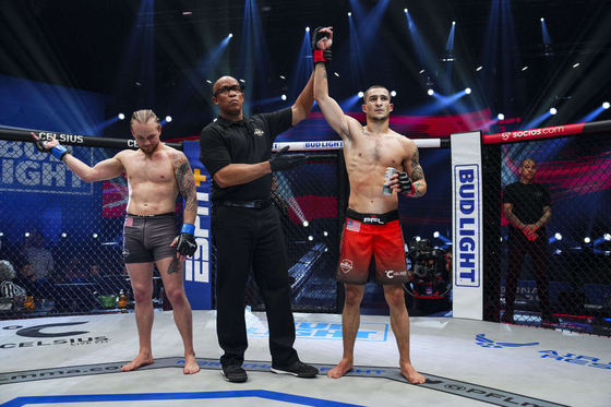 Biaggio Ali Walsh is declared the winner of an exhibition fight against Isaiah Figueroa during PFL 2 Las Vegas at The Theater at Virgin Hotels in Las Vegas on Friday.  [PFL]