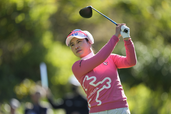 Park Hee-young, who gave birth to a child in Jan. 2023, watches her tee shot during the second round of the BMW Ladies Championship in Paju on Oct. 20, 2023. [AP/YONHAP]