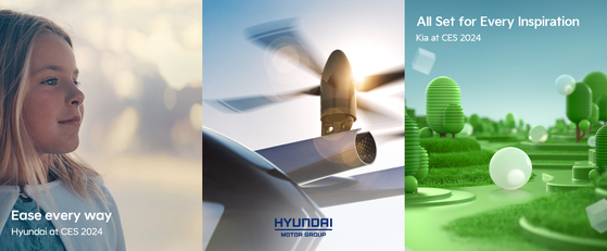 From left, teaser images of Hyundai Motor, Supernal, and Kia about their presentation at the upcoming CES 2024, which kicks off on Jan. 9 in Las Vegas. [HYUNDAI MOTOR]
