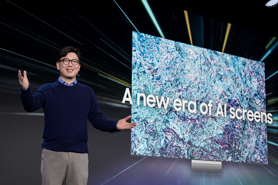 Yong Seok-woo, head of Samsung Electronics' display business, introduces the company's vision in AI-powered TVs at the Samsung First Look 2024 event at a hotel in Las Vegas on Sunday, local time, ahead of the official opening of the CES 2024. [SAMSUNG ELECTRONICS]