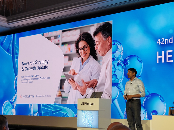 Novartis CEO Vasant Narasimhan speaks during the 42nd J.P. Morgan Healthcare Conference which started on Monday at the Westin St. Francis Hotel in San Francisco, California [NOVARTIS KOREA]