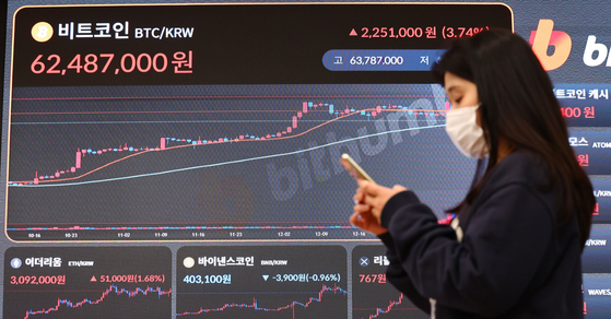 Bitcoin rallied past $47,000 for the first time in 21 months on Tuesday, helped by the optimism that the U.S. Securities and Exchange Commission might approve Bitcoin exchange-traded funds. Electronic display board at Bithumb office in Seocho District, southern Seoul, show Bitcoin’s price on Tuesday. [YONHAP]