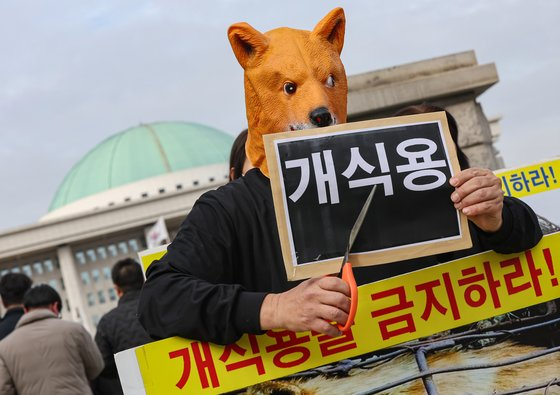 Animal rights advocates urge the National Assembly in Yeouido, western Seoul, on Dec. 23, 2023, to legislate a special law prohibiting dog meat consumption. [NEWS1]