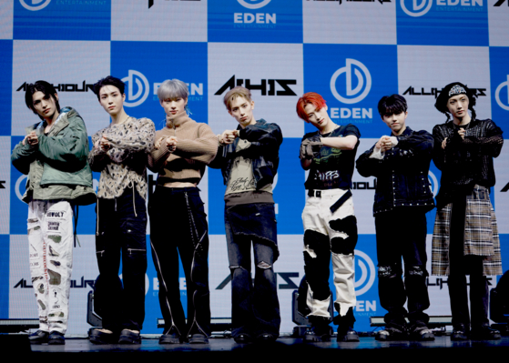 Boy band All(H)ours poses for photos during a debut showcase held on Wednesday at the Yes24 Live Hall music venue in eastern Seoul. [KIM MYEONG-JI]