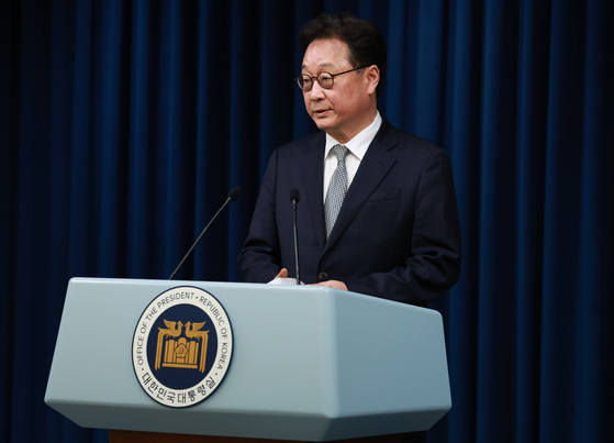 Wang Yun-jong, new third deputy national security adviser, speaks in a press briefing at the Yongsan presidential office in central Seoul on Wednesday. [JOINT PRESS CORPS] 