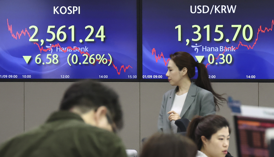 Screens in Hana Bank's trading room in central Seoul show stock and foreign exchange markets close on Tuesday. [YONHAP]