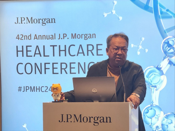 Kakao Healthcare CEO Hwang Hee speaks during the 42nd J.P. Morgan Healthcare Conference on Tuesday at the Marriott Marquis hotel dedicated to the Asia-Pacific and Latin America regions' biotech and pharmaceutical companies. [KAKAO HEALTHCARE]