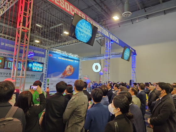 A drone soccer match, using rules and technology developed in Jeonju, North Jeolla, is demonstrated at CES 2024 in Las Vegas on Tuesday. [CAMTIC INSTITUTE OF TECHNOLOGY]