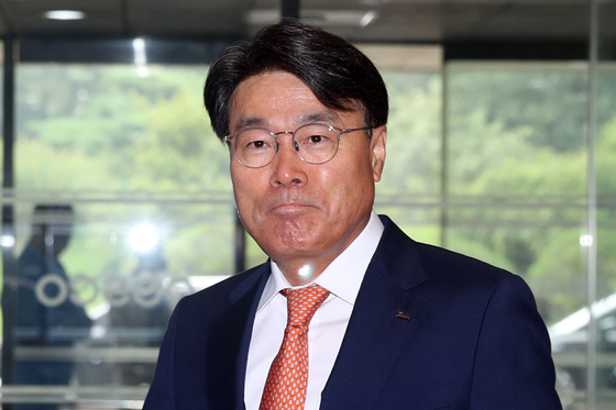 Posco Holdings Chairman Choi Jeong-woo attends the 50th-anniversary commemoration of the completion of the first Posco steelworks plant in Pohang, North Gyeongsang at Posco's Pohang headquarters in in July 2023. [YONHAP]