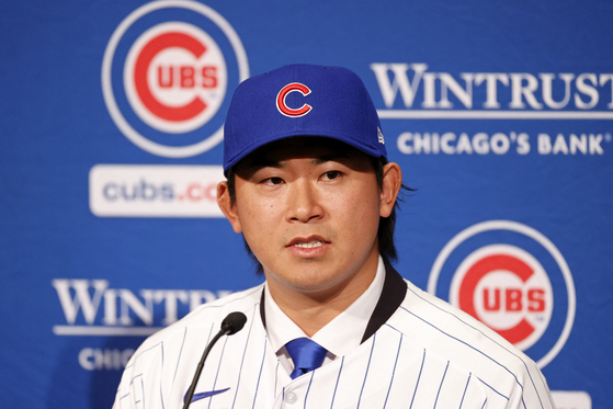 Chicago Cubs newly signed pitcher Shota Imanaga speaks during a press conference at Loews Chicago Hotel in Chicago, Illinois on Friday. [REUTERS/YONHAP]