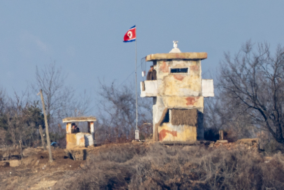 A North Korean guard post seen from Paju, Gyeonggi, in South Korea on Tuesday. [YONHAP] 