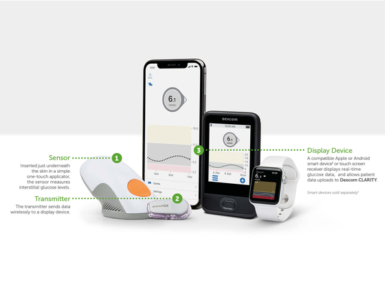 Pictured is the Dexcom G6 continuous glucose monitoring (CGM) system, which is used by patients with type 1 diabetes to track blood sugar levels. The device is distributed domestically by local health care company Huons. [DEXCOM]