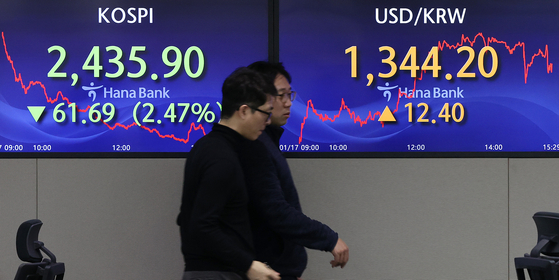 Electronic display boards at Hana Bank in central Seoul show Korea’s markets on Wednesday. [YONHAP]