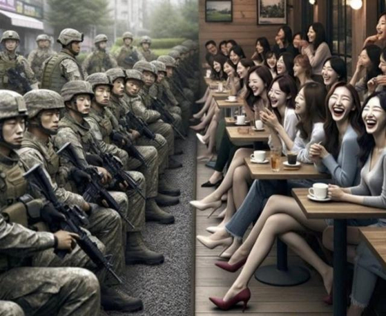 AI-generated image of Korean men and women posted in an online forum last Friday. In the picture, men (left) in military uniforms hold guns while women sit in a cafe. [SCREEN CAPTURE]