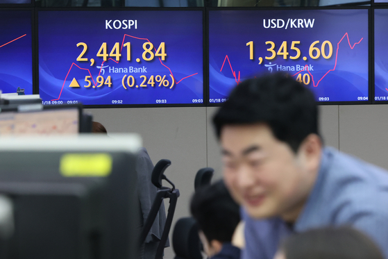 Screens in Hana Bank's trading room in central Seoul show stock and foreign exchange markets open on Thursday. [NEWS1]