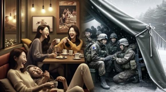 AI-generated image of Korean men (right) and women which was posted in an online forum last Friday. In the picture, men undergo military training in their uniforms while women laugh and chat in a cafe. [SCREEN CAPTURE]