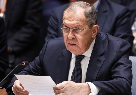 Russia's Foreign Minister Sergey Lavrov attends a United Nations Security Council meeting on Ukraine at the Security Council Chamber at the UN Headquarters in New York on Monday. [TASS/YONHAP] 