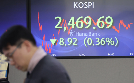 Screens in Hana Bank's trading room in central Seoul show stock markets close on Wednesday. [YONHAP]