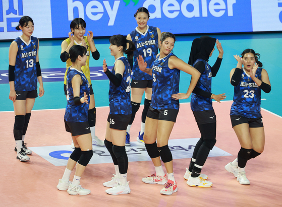 V-Star players celebrate during the 2023-24 V League All-Star game held at Incheon Samsan World Gymnasium in Incheon on Saturday. [YONHAP] 