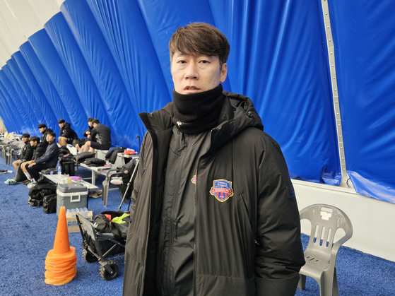 Suwon FC manager Kim Eun-jung speaks during an interview with Yonhap News Agency at Gyeongju Smart Airdome in Gyeongju, North Gyeongsang on Jan. 25. [YONHAP] 