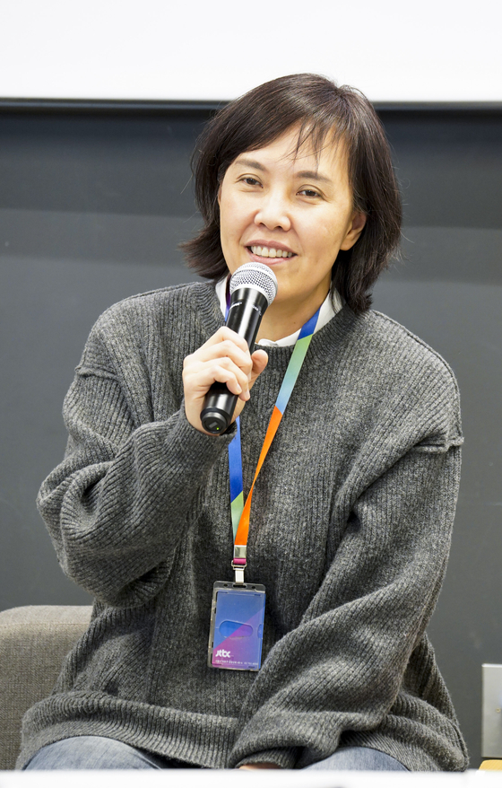 Lim Jung-ah, chief of the reality television division at JTBC, speaks during a press conference for the cable network's 2024 lineup of reality television shows at JTBC headquarters in Mapo District, western Seoul, on Tuesday. [JTBC]