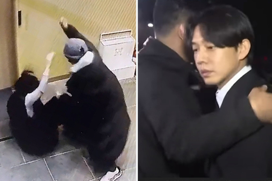 Left, footage of People Power Party lawmaker Bae Hyun-jin being attacked by a 15 year-old on Jan. 25. Right, footage of actor Yoo Ah-in briefly turning around when a coffee was thrown at him at the parking lot of Mapo police station on May 24, 2023. [SCREEN CAPTURE]