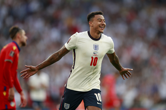 England's Jesse Lingard celebrates after scoring his side's third goal during the World Cup 2022 Group I qualifying match between England and Andorra at Wembley in London on Sept. 5, 2021. [AP/YONHAP]