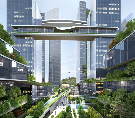 A rendered image provided by the Seoul city government on Monday features the green corridor, or the green area, extending from the international business zone to the neighboring area below the footbridge that connects the 45th floors of buildings called the sky trail. [SEOUL METROPOLITAN GOVERNMENT] 