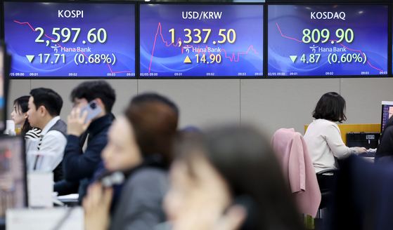 Screens in Hana Bank's trading room in central Seoul show stock markets open on Monday. [NEWS1]   