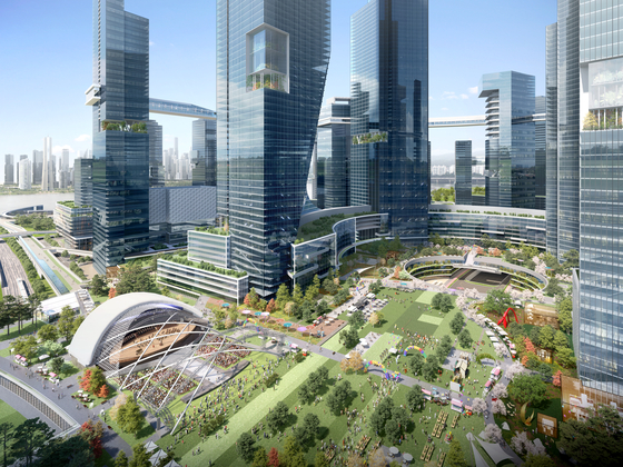 The green square at the center of the international business zone in Yongsan International Business District in a rendered image provided by the Seoul Metropolitan Government on Monday. [SEOUL METROPOLITAN GOVERNMENT]