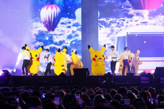Human sized Pikachus joined the Enhypen members on stage for the band's performance of ″One and Only.″ [BELIFT LAB]