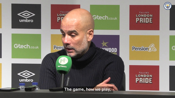 Manchester City manager Pep Guardiola speaks after the team's 3-1 win over Brentford on Monday. [ONE FOOTBALL] 