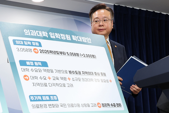 Health Minister Cho Kyoo-hong announces the increase in the enrollment quota for medical schools at Government Complex Seoul in downtown Seoul on Tuesday. [NEWS1] 