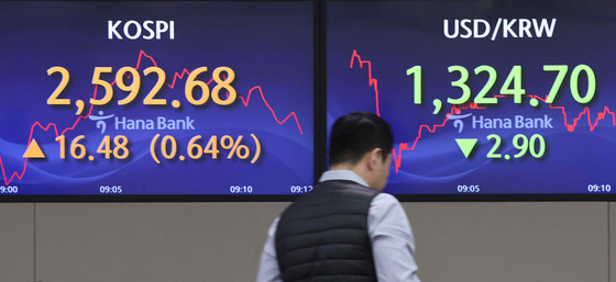 Screens in Hana Bank's trading room in central Seoul show stock markets open on Wednesday. [YONHAP]