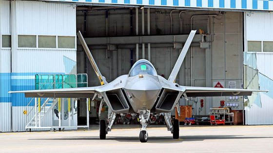 A KF-21 Korean fighter jet is coming out of a hangar at the Korea Aerospace Industries (KAI) headquarters in Sacheon, South Gyeongsang, in May 2023. [JOINT PRESS CORPS]