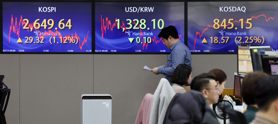 Screens in Hana Bank's trading room in central Seoul show the Kospi closing at 2649.64 points on Tuesday, up 1.12 percent, or 29.32 points, from the previous trading session. [NEWS1]
