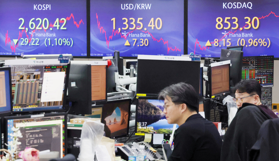 Screens in Hana Bank's trading room in central Seoul show the Kospi closing at 2,620.42 points on Wednesday, down 1.10 percent, or 29.22 points, from the previous trading session. [NEWS1] 