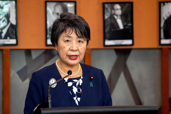 Japan's Minister of Foreign Affairs Yoko Kamikawa speaks during a press conference during the 5th Ministerial Interim Meeting at the Forum Secretariat in Suva on Monday. [AFP/YONHAP]